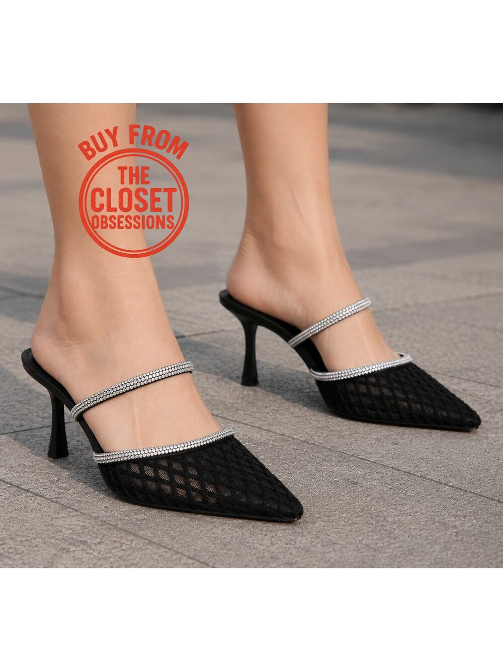 MANGO Crystal Strap Mesh Pointed Toe Heels NWT Black Rhinestone Mule 7.5